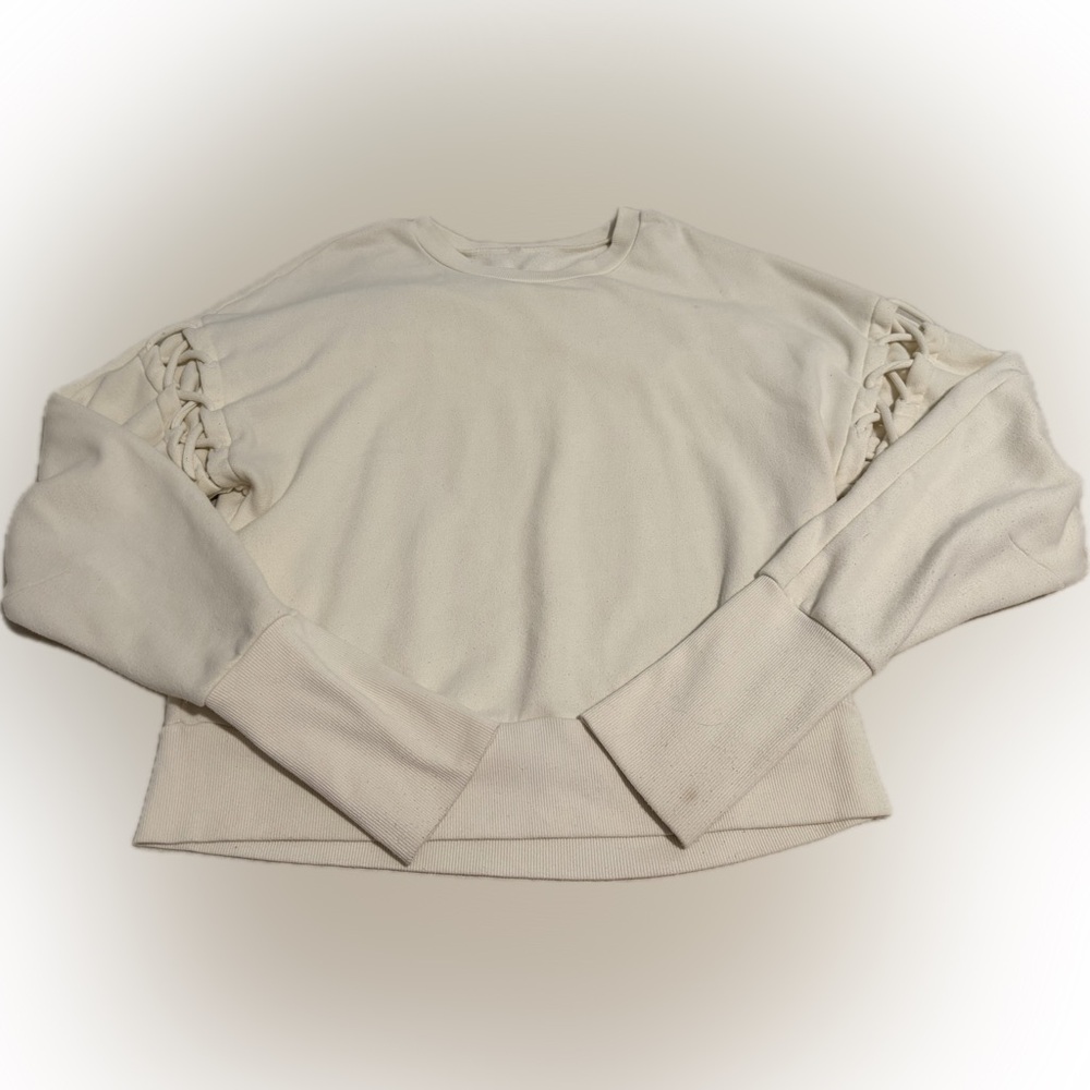 Alo Sweatshirt Cream Crosshatch Back and Long Sleeves - Picture 2 of 8